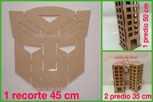 kit 1 transformers  45 cm 1 predio 50cm  2 predio de 35 cm mdf cru